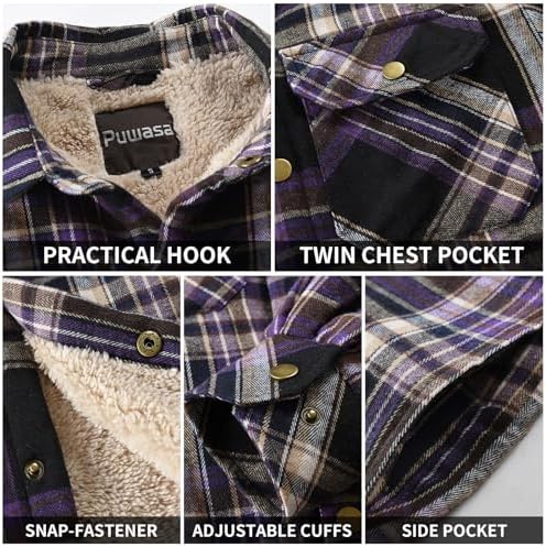 Men's Sherpa Cotton Flannel Shirt Jacket Plaid Button Coat Pocket