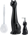 Allure Home Creation Cat 3-Piece Black Ceramic Toilet Brush Holder with White Plastic Brush and Soap Dispenser Set-Black