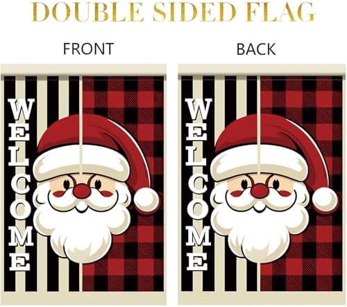 Christmas Santa Claus Garden Flag Welcome Sign Outdoor Yard Decoration Red Black Plaid Buffalo Check Holiday Banner Vertical Double Sided Winter Holiday House Lawn Decor 12 x 18 Inch