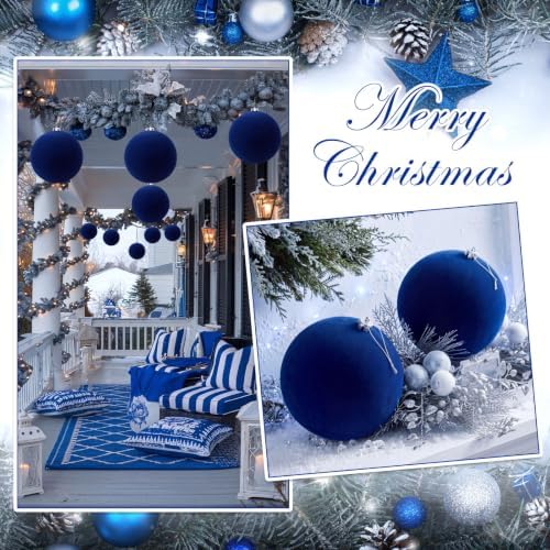 Threan 8 Inch Large Blue Velvet Christmas Ball Ornaments for Christmas Tree