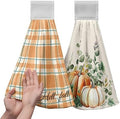 Fall Autumn Hanging Kitchen Towels Thanksgiving Pumpkin Hand Towel with Hanging Loop Vintage Checkered Plaid Dish Towels Soft Absorbent Fingertip Bath Tie Towel for Bathroom Decorative Set of 2