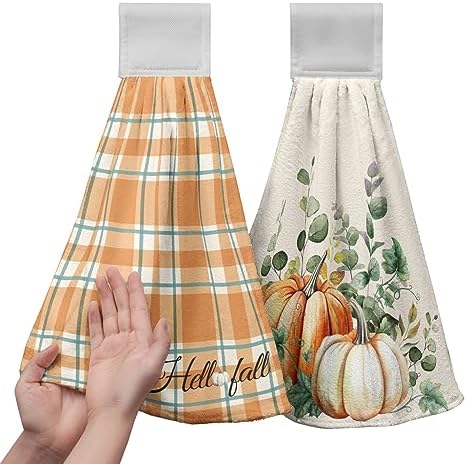 Fall Autumn Hanging Kitchen Towels Thanksgiving Pumpkin Hand Towel with Hanging Loop Vintage Checkered Plaid Dish Towels Soft Absorbent Fingertip Bath Tie Towel for Bathroom Decorative Set of 2