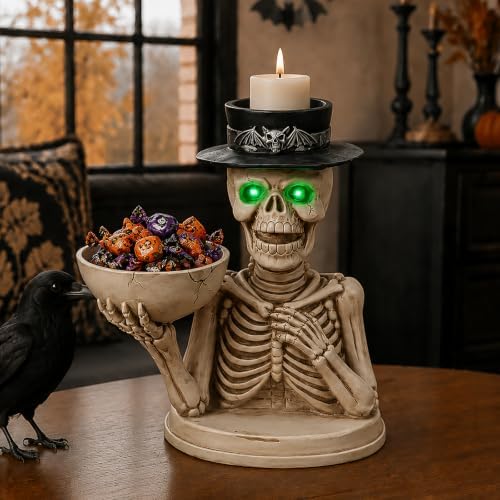 Halloween Skeleton Figurine with LED Glowing Eyes & Candy Bowl