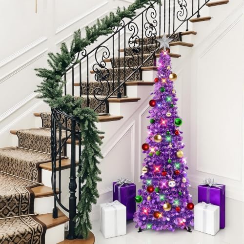 N&T NIETING Pop Up Christmas Tree with Lights & Ornaments, 5FT, Dark Purple