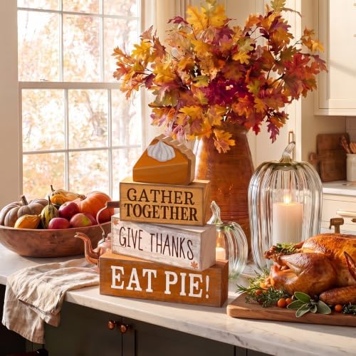 Moucuny 4 Pcs Fall Coffee Table Decor Wooden Pie Topper Thanksgiving
