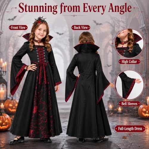Doloowee Girls Vampire Costume 4-Piece Halloween Dress Up Outfit Ages 3-12
