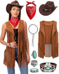 Women Western Cowgirl Outfit 8Pcs Tassel Vest Hat Bandana Jewelry Set