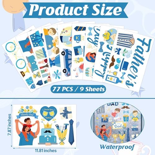 77 PCS Fathers Day Window Clings, 9 Sheets Blue Fathers Day Decorations, Double-Sided Dad Stickers for Glass Windows with Hearts Roses Patterns, Dad Decorations for Home Store Birthday Party