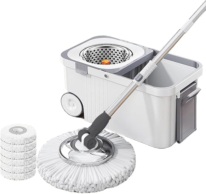 360 Spinning Floor Cleaning System with 6 Replacement Head Refills Extended Handle Hand-Free Automatic Dehydration Mop Cleaning with Bucket for Household Floor Cleaning (White Blue)