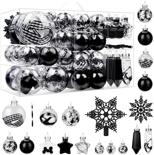SHareconn 86PCS Christmas Tree Decorations Ornaments Ball Set, Non Breakable Plastic Clear Baubles for Xmas Tree Decor Holiday Wedding Party, Black