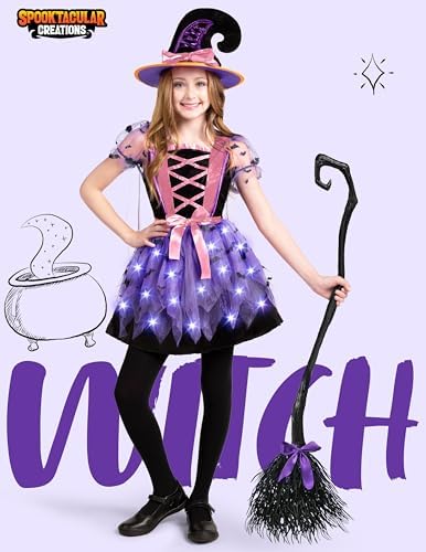 Spooktacular Creations Girls Light Up Witch Costume, Kids Witch Costume with Hat and Broom for Toddler Halloween Dress Party