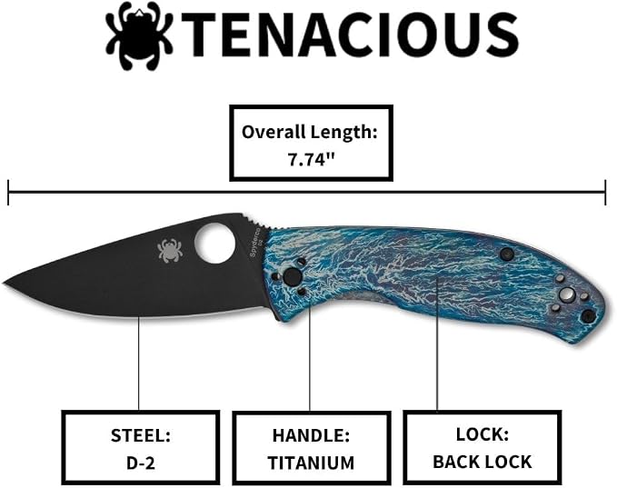 Spyderco Tenacious Disarray Folding Pocket Knife, PlainEdge | 7.74" Overall Length, Black Oxide 3.3" D2 Steel Blade, Titanium Handle, R.I.L Lock, Full-Flat Grind