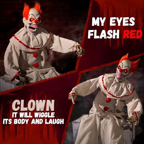 Halloween Animatronic Sitting Clown, Halloween Animated Decorations with Sound Activated, Creepy Sound, Light Up Eyes, Scary Move, Haunted House Holiday Spooky Decor Horror Prop, for Indoor Outdoor