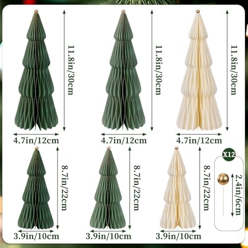 SUNBEAUTY 6 PCS Honeycomb Christmas Tree Thick Paper Christmas Tree 3D Christmas Table Decorations with Metal Ball White Green Xmas Decorations Minimalist Decor for Table Window Fireplace