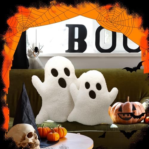Konohan 3 Pcs White Ghost Halloween Throw Pillows Lovely Plush Stuffed