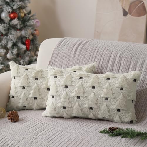 Allorry Christmas Pillow Covers 12x20 inch Set of 2 Christmas Decorations Soft Plush Faux Fur Wool Cream White Christmas Tree Throw Pillow Cases Winter Holiday Decor for Sofa Living Room PT-002D12