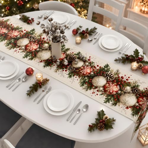 Christmas Decorations - Xmas Balls Snowflake Pine Cone Table Runner