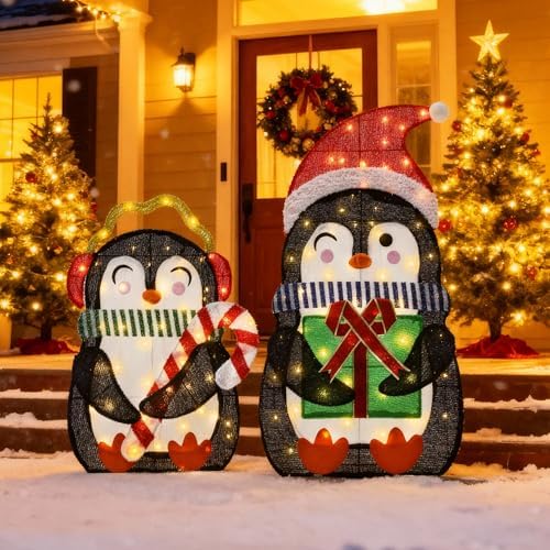 35" Lighted Penguins Christmas Outdoor Yard Decorations
