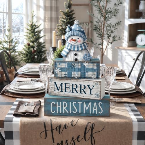 Lineshading 4 Pcs Christmas Table Decor, Blue Snowman Wooden Block Signs