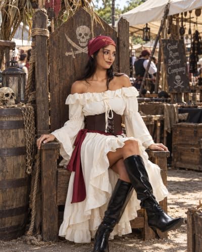 Pirate Costume Women, Renaissance Dress with Corset Belt, 4-Piece