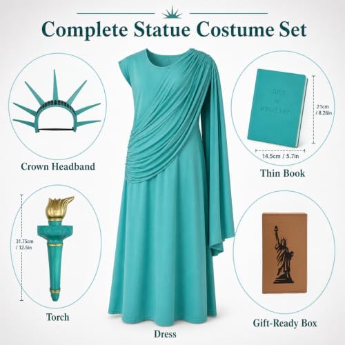 VZQI Statue of Liberty Costume for Girls, Dress Crown Torch Book