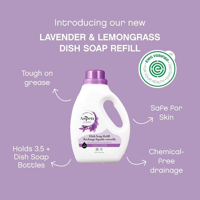 AspenClean | Dish Soap Refill | Lavender and Lemongrass | Liquid Dishwashing Detergent Soap | Non - Toxic | 100% Natural | EWG Verified | 64 fl oz each (2-pack)