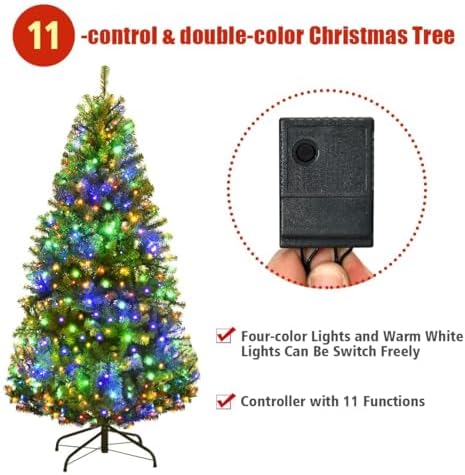 HAPPYGRILL 4FT Pre-Lit Christmas Tree with 300 PVC Branch Tips and Foldable Base, Premium Artificial Spruce Tree Hinged Xmas Tree for Holiday Decoration
