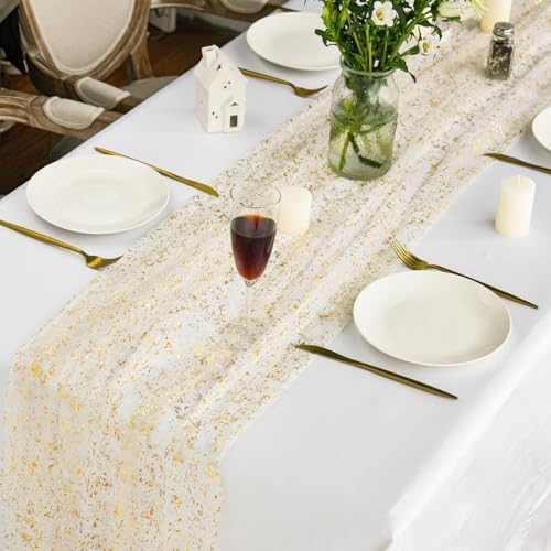 Artoid Mode 2-Pack Beige Gold Gauze Table Runner 10FT, Glitter Metallic Foil Sheer Dining Wedding Anniversary Holiday Birthday Table Decor for Home Party