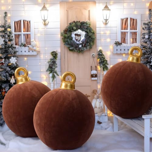 Jetec 3 Pcs 32 Inch Giant Velvet Christmas Inflatable Balls, Reddish-Brown