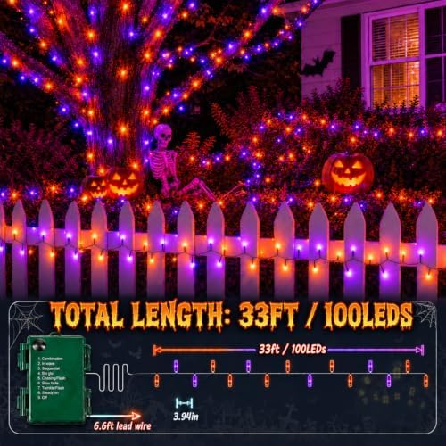 2 Pack 200 LED Battery Operated Halloween Lights, String Lights Green Wire