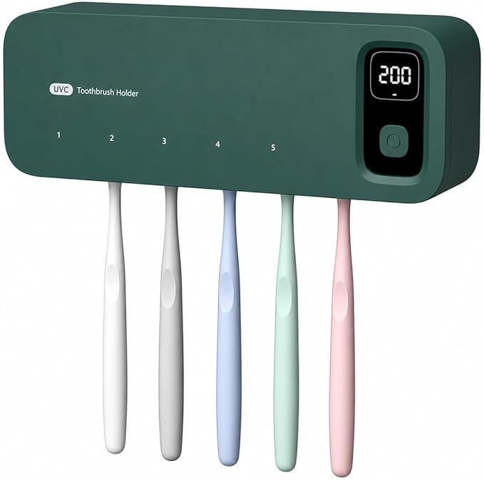 UV Light Toothbrush Cleaner Holder, Wall Mount Tooth Brush Holder for Bathroom, 5 Toothbrush Slots & LED Smart Screen Fits Electric, Manual Toothbrushes (Green)