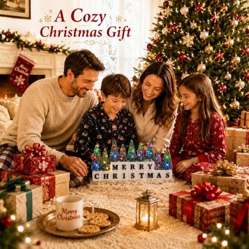 Christmas Table Decor with Multicolor Lighted Mini Trees and 3D Letters