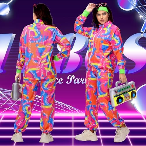 Men's 80s Outfit, Neon Retro Tracksuit for Halloween Party Costume
