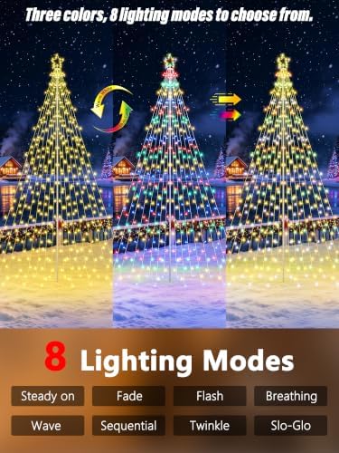 Outdoor Christmas Tree Lights with Pole, 16 FT, Warm White and Multicolor