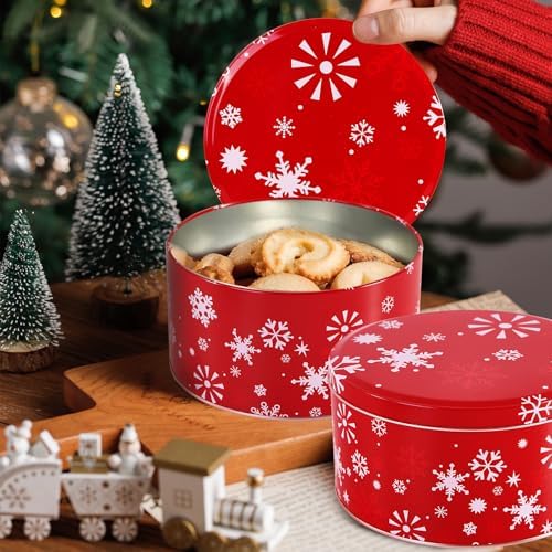 6Pieces Christmas Cookie Tins, 6.5Inch Round Cookie Containers, Empty Metal Cookie Tins with Lids for Christmas Holiday Gift Giving