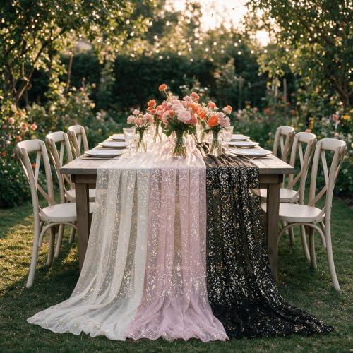 Artoid Mode 6PC Beige Black Pink Gauze Table Runner 120 Inch 10FT, Glitter Metallic Foil Sheer for Wedding Anniversary Holiday Birthday Home Party Decor
