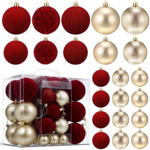 Civaner 52 Pcs Velvet Christmas Ball Ornaments Flocked Christmas Tree Hanging Ornaments 3 Assorted Size Shatterproof Xmas Ball Decorations Set for Xmas Holiday Winter Party Decor(Multicolor)