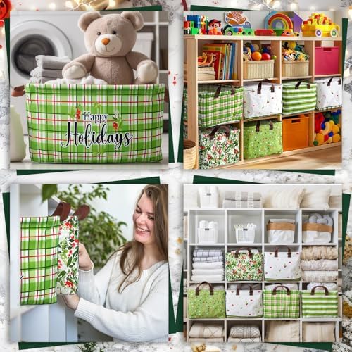 CHENGU 6 Pack Christmas Storage Basket Collapsible Christmas Tree Basket for Gift Green Truck Holiday Decor Large Flower Wreath Bin Foldable Hello Winter Dotted Box with Handle for Bedroom Office Home