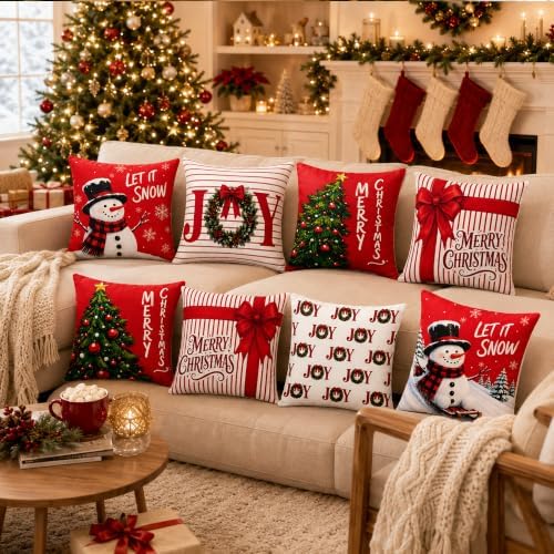 Christmas Decorations - Set of 4 Double-Sided Print Christmas Pillow Covers