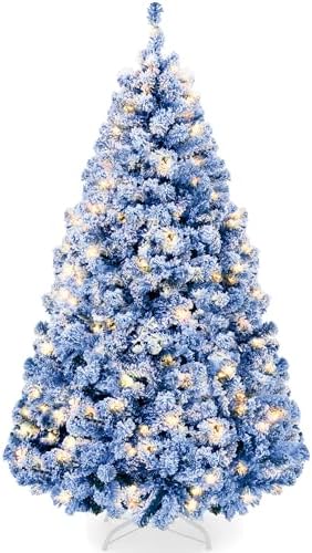 Best Choice Products Artificial Flocked Christmas Tree, 6ft Premium Pre-Lit Colorful Pine Holiday Décor w/250 Twinkle Lights, Metal Base - Baby Blue