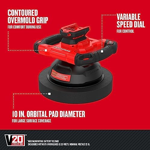 CRAFTSMAN V20 Cordless Buffer Polisher, Orbital Polisher for Car Detailing, 10-inch with Splash Guard, Bare Tool Only (CMCE100B)