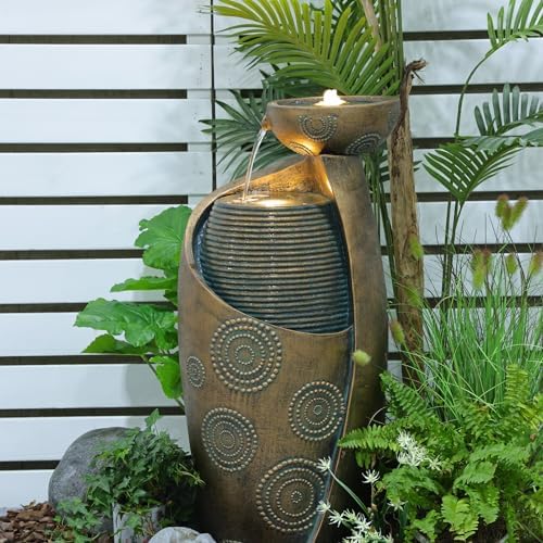 Sunlinua Vase Outdoor Water Fountain, 31.4''H Jar Waterfall Fountain with Warm LED Lights&Durable Pump for Yard, Porches, Home Décor,Garden,Office