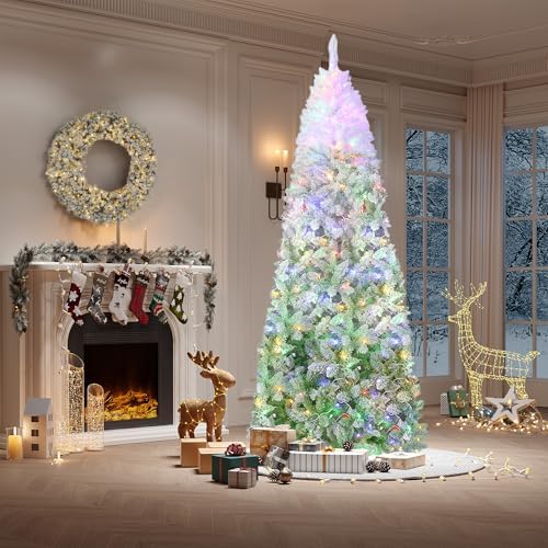 GarveeHome 6 ft Prelit Artificial Christmas Tree with RGB & Warm White Lights, Pre-Lit Snow Flocked Pencil Christmas Tree, Foldable Base,Holiday Decoration for Home, Office, Party,Green Gradient