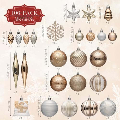 JORNOY 106Pcs Christmas Ornaments Set, Shatterproof Assorted Hanging Baubles Decorations Bulk for Christmas Tree Decorations Home Holiday Party Decor, Champagne