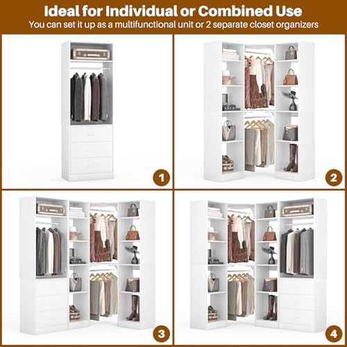 Besiost Corner Closet System with 3 Drawers, Corner Closet Organizer System