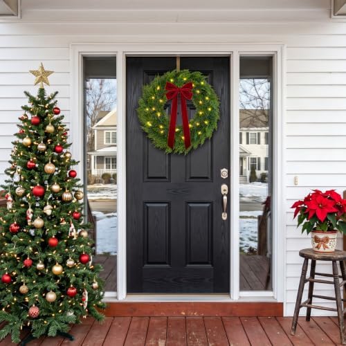 Christmas Decorations, 22 Inch Pre-Lit Christmas Wreath with Red Velvet Bow