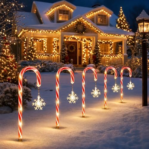 5 Pack Solar Candy Cane Pathway Lights, Warm White Christmas Decor