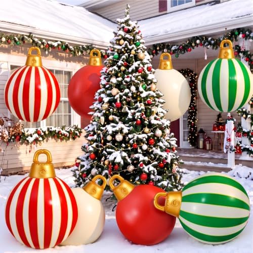 Jetec 8 Pcs Giant Christmas Inflatable Ball Outdoor 24" 16" Stripe Ornament