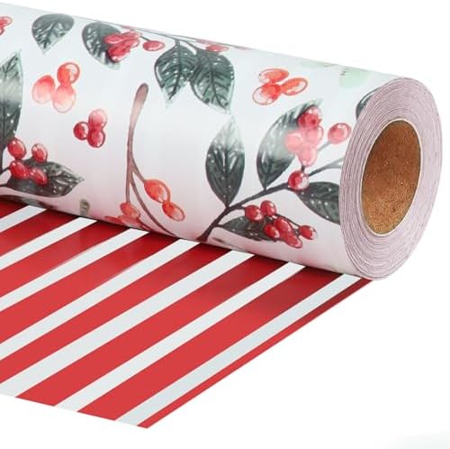 LaRibbons Reversible Christmas Wrapping Paper, Vintage Red Berries Stripe