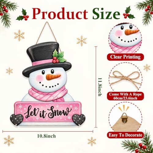 Christmas Decorations Winter Pink Snowman Hanging Wooden Front Door Sign